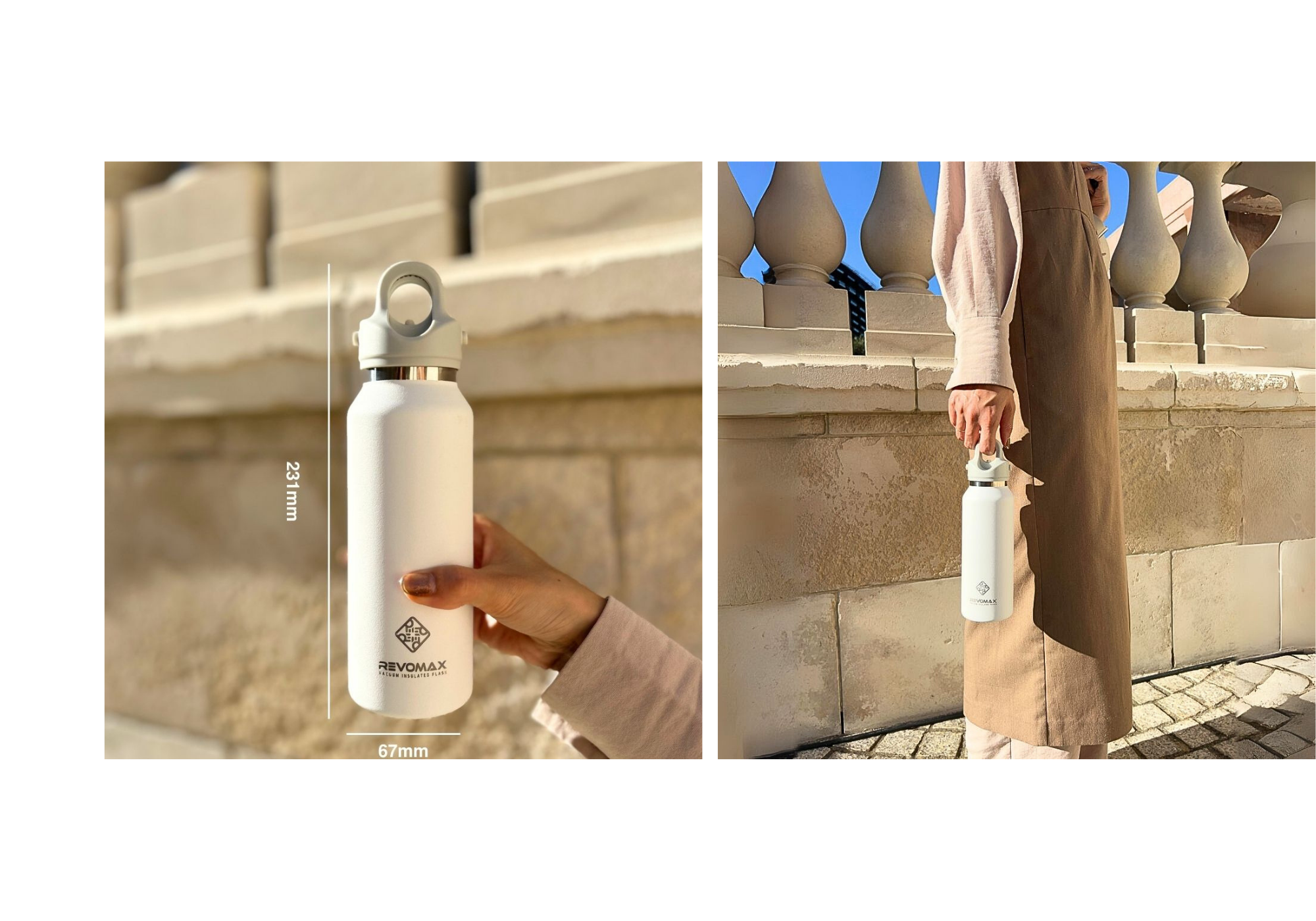 アメリカ、ポートランド発水筒ブランドREVOMAX。最大の特長はワンプッシュ開閉可能で炭酸対応・ホット・アイス可で万能な水筒。12ozslimのサイズ、持った時のイメージです。