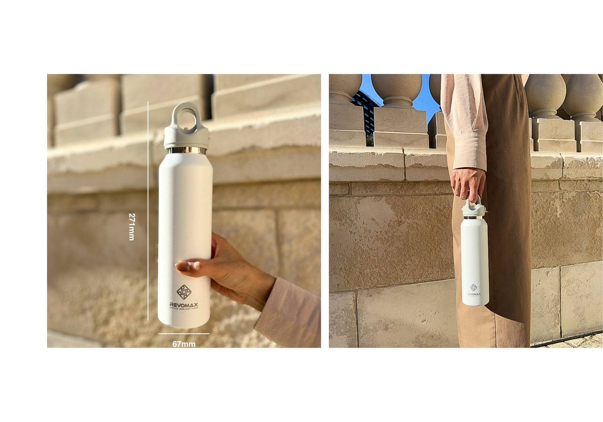 アメリカ、ポートランド発水筒ブランドREVOMAX。最大の特長はワンプッシュ開閉可能で炭酸対応・ホット・アイス可で万能な水筒。16ozのサイズ、持った時のイメージです。