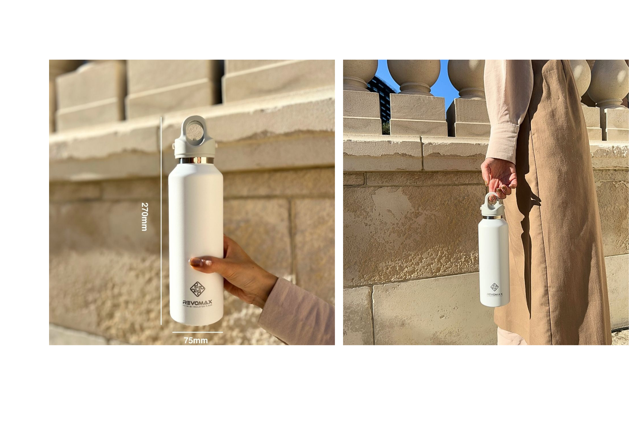 アメリカ、ポートランド発水筒ブランドREVOMAX。最大の特長はワンプッシュ開閉可能で炭酸対応・ホット・アイス可で万能な水筒。20ozのサイズ、持った時のイメージです。
