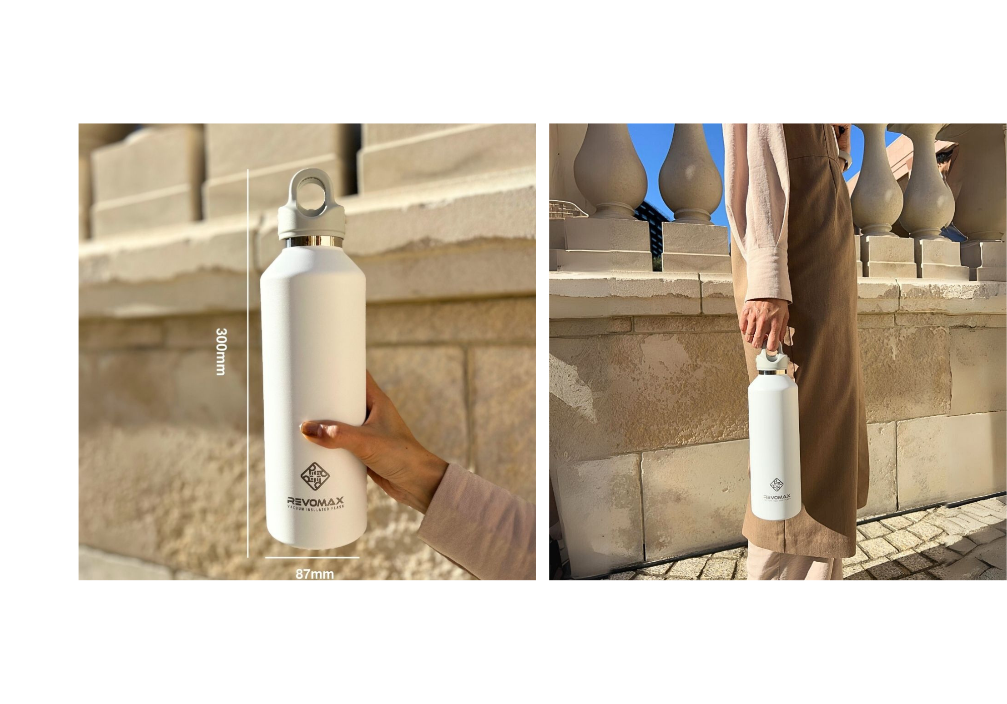 アメリカ、ポートランド発水筒ブランドREVOMAX。最大の特長はワンプッシュ開閉可能で炭酸対応・ホット・アイス可で万能な水筒。32ozのサイズ、持った時のイメージです。
