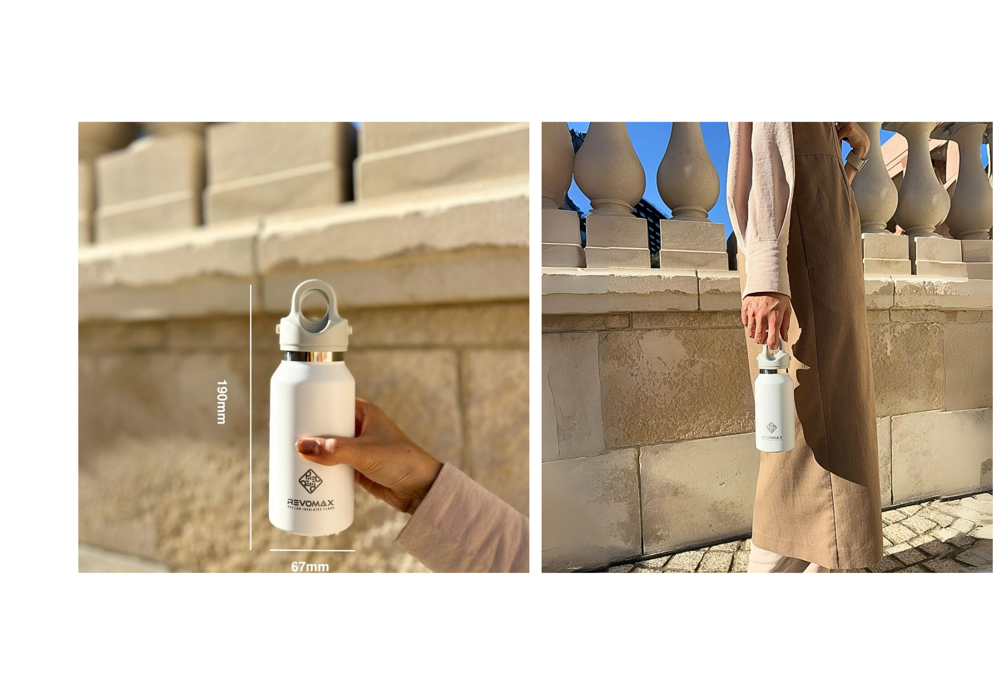 アメリカ、ポートランド発水筒ブランドREVOMAX。最大の特長はワンプッシュ開閉可能で炭酸対応・ホット・アイス可で万能な水筒。9ozのサイズ、持った時のイメージです。